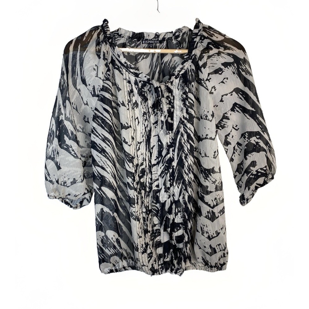 Express Women's M Sheer Black Gray Pintuck Pleated Ruffle Tie Boat Neck Blouse